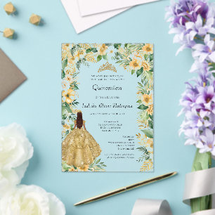 Gold Dress Floral Elegant Formal Quinceanera Acrylic Invitations