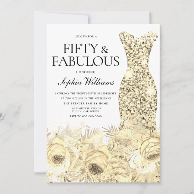 Gold Dress Floral Fifty & Fabulous 50th Birthday Invitation (Front)