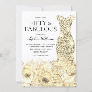 Gold Dress Floral Fifty & Fabulous 50th Birthday Invitation