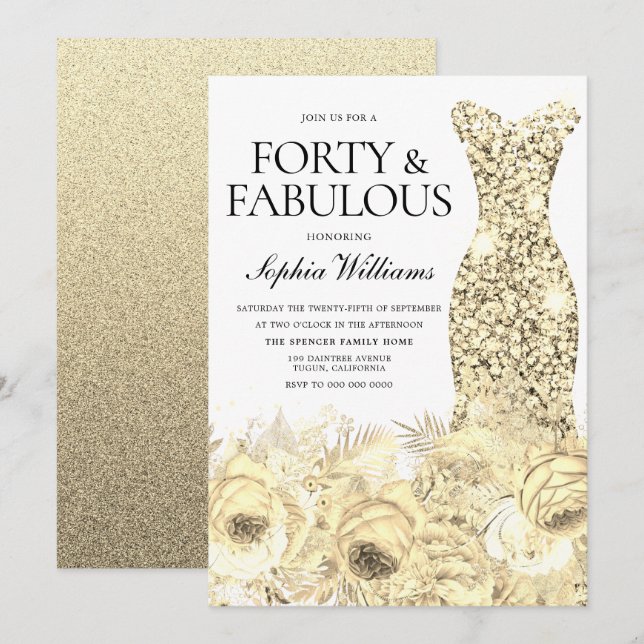 Gold Dress Floral Forty & Fabulous 40th Birthday Invitation (Front/Back)