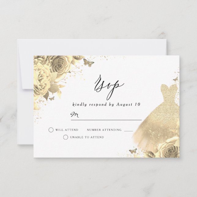 Gold Dress & Flowers Birthday Bridal Shower RSVP Card (Front)