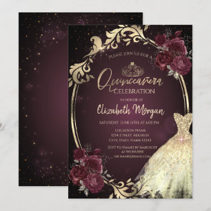 Gold Dress Frame Burgundy Roses  Quinceañera  Invitation
