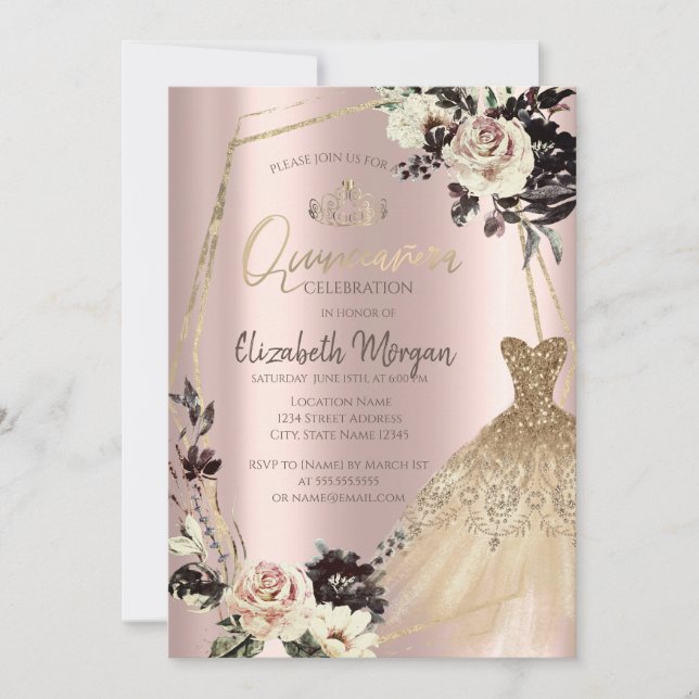  Gold Dress,Frame Roses,Diamonds Rose Gold Invitation (Front)