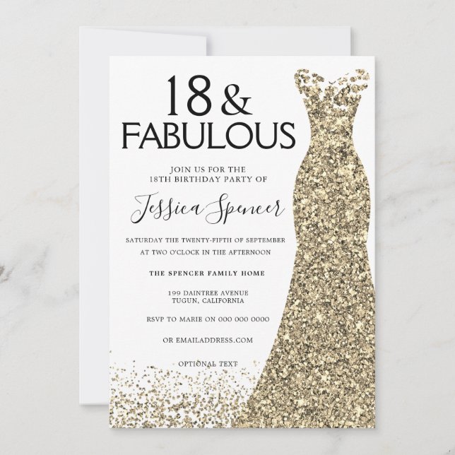 Gold Dress Glitter Girls 18th Birthday Party Invitation (Front)