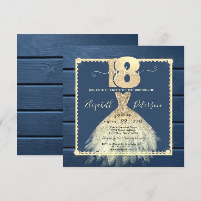  Gold Dress Glitter Navy Blue Wood 18th Birthday  Invitation (Front/Back)
