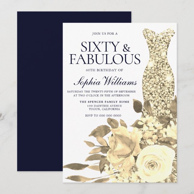 Gold Dress Golden Flowers Navy 60th Birthday Party Invitation (Front/Back)