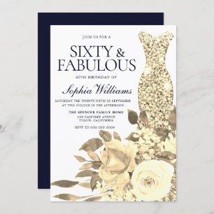 Gold Dress Golden Flowers Navy 60th Birthday Party Invitation