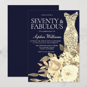 Gold Dress Golden Flowers Navy 70th Birthday Party Invitation