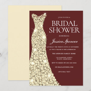 Gold Dress Golden Gown Bridal Shower Burgundy Invitation