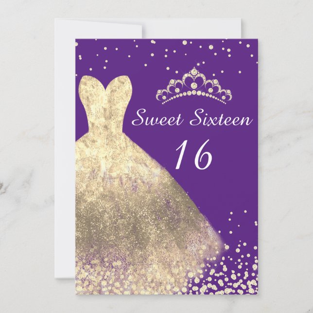 Gold Dress Purple Sweet 16 Birthday Party Invitation (Front)