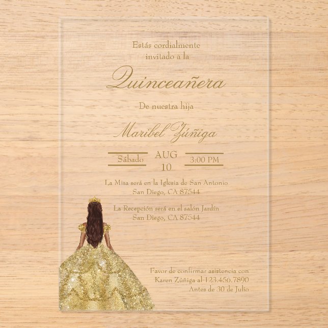 Gold dress Quinceanera invitation (Front)