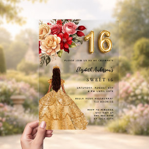 Gold dress red florals roses clear acrylic invitations