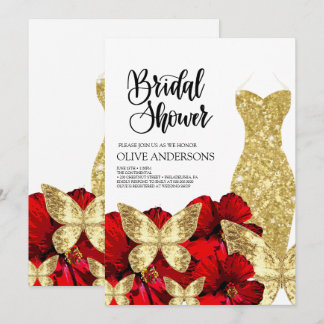 Gold Dress Red Rose Floral Bridal Shower  Invitation