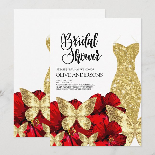Gold Dress Red Rose Floral Bridal Shower  Invitation (Front/Back)