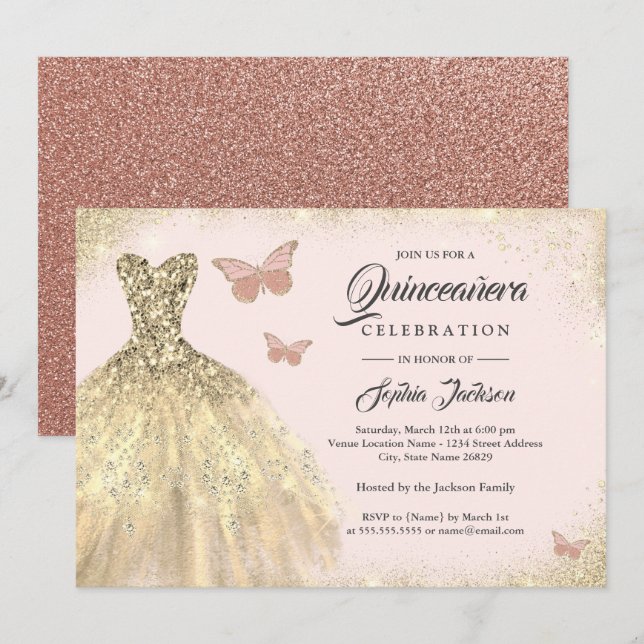 Gold Dress Rose Gold Butterfly Quinceanera  Invitation (Front/Back)