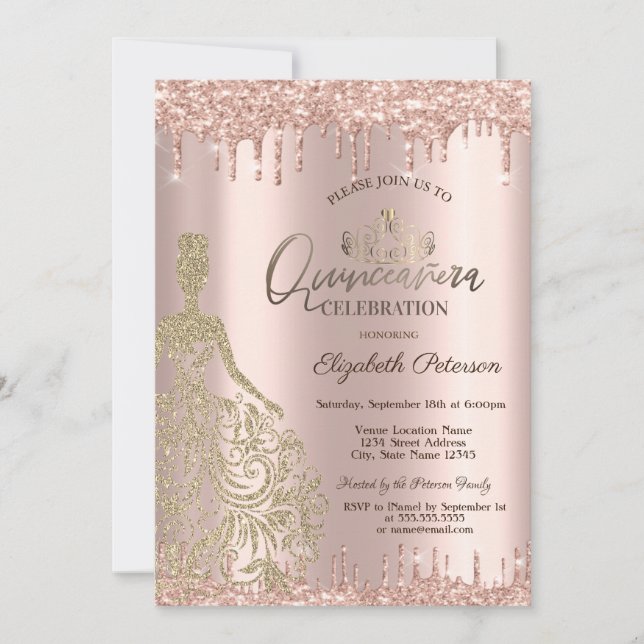 Gold Dress Rose Gold Glitter Drops Quinceañera Invitation (Front)