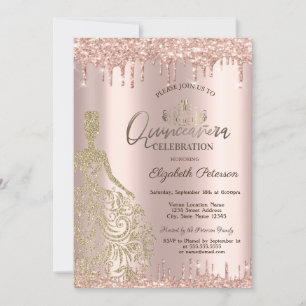 Gold Dress Rose Gold Glitter Drops Quinceañera Invitation