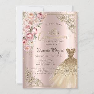  Gold Dress Roses Diamonds Rose Gold Quinceañera Invitation