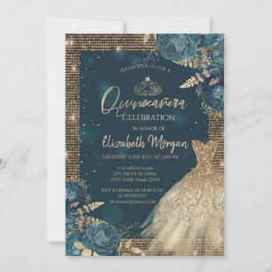 Gold Dress, Roses,Tiara,Diamonds Green Quinceañera Invitation