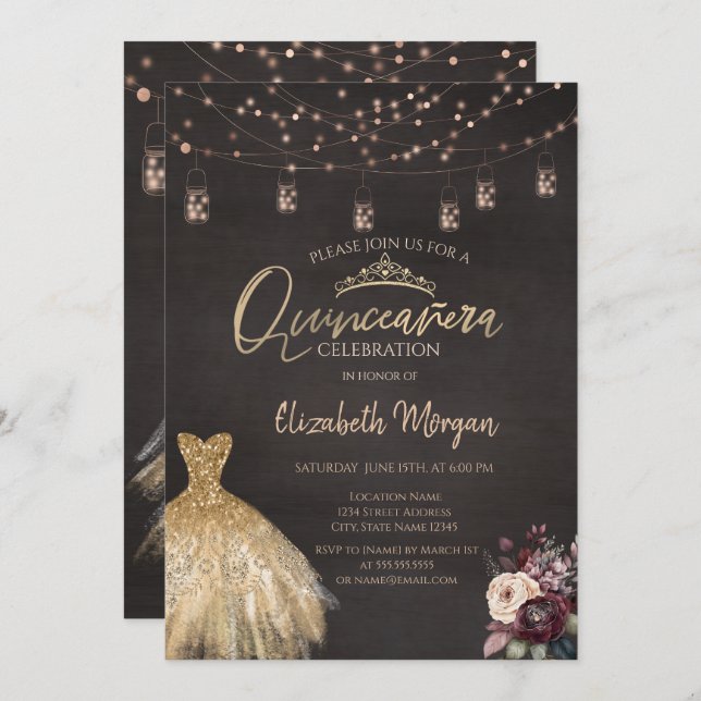 Gold Dress Rustic String Lights Roses Quinceañera Invitation (Front/Back)