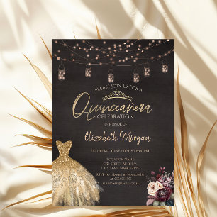 Gold Dress Rustic String Lights Roses Quinceañera Invitation