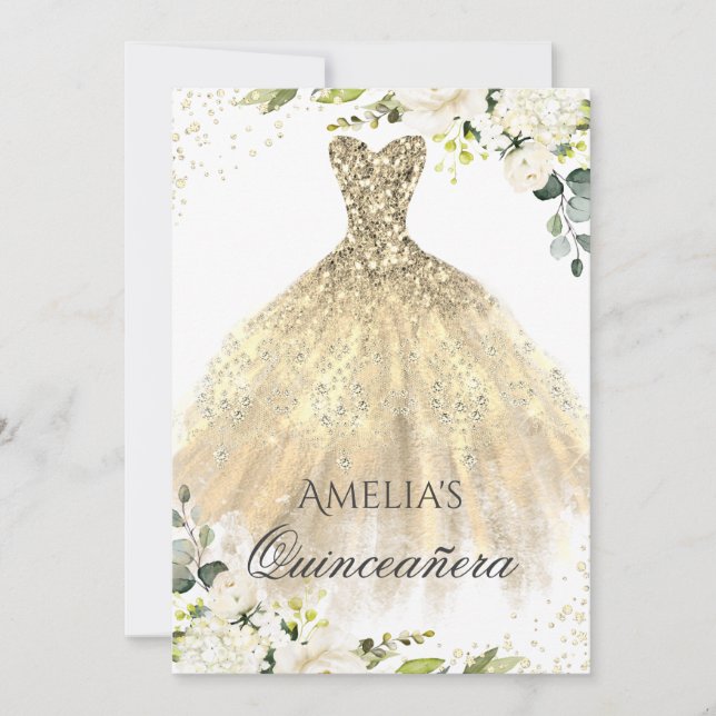 Gold Dress Sparkle Floral Quinceanera Invitation (Front)