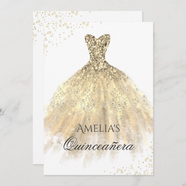 Gold Dress Sparkle Quinceanera Invitation (Front/Back)