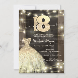 Gold Dress String Lights 18th Birthday Invitation