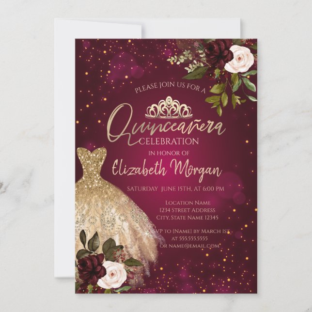 Gold Dress Tiara, Burgundy Flowers Quinceañera  Invitation (Front)