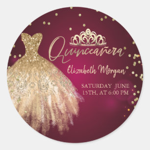 Gold Dress Tiara,Diamonds Burgundy Quinceañera Classic Round Sticker