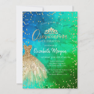  Gold Dress Tiara,Diamonds Green Blue Quinceañera Invitation