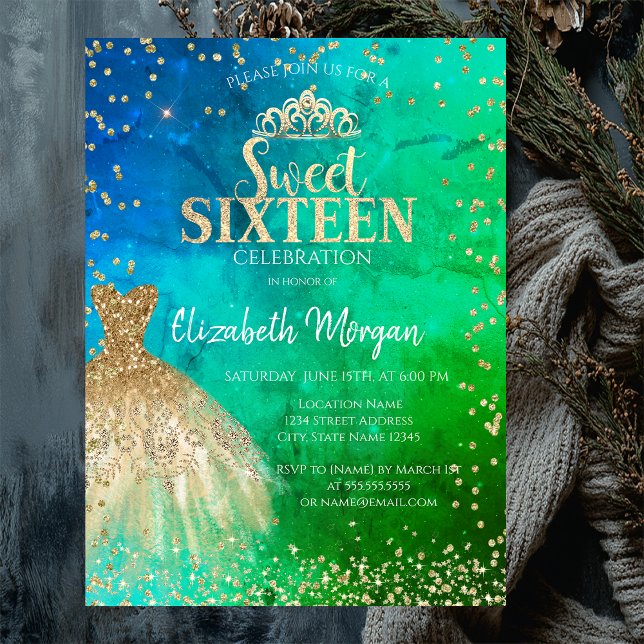  Gold Dress Tiara,Diamonds Green Blue Quinceañera Invitation (Creator Uploaded)