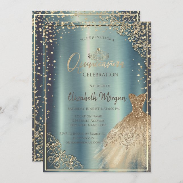  Gold Dress Tiara,Diamonds Metallic Quinceañera  Invitation (Front/Back)