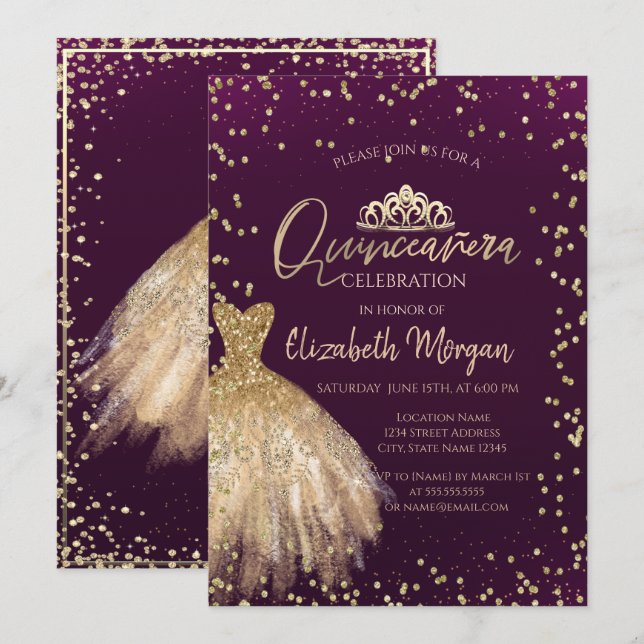 Gold Dress Tiara,Diamonds Violet Quinceañera Invitation (Front/Back)