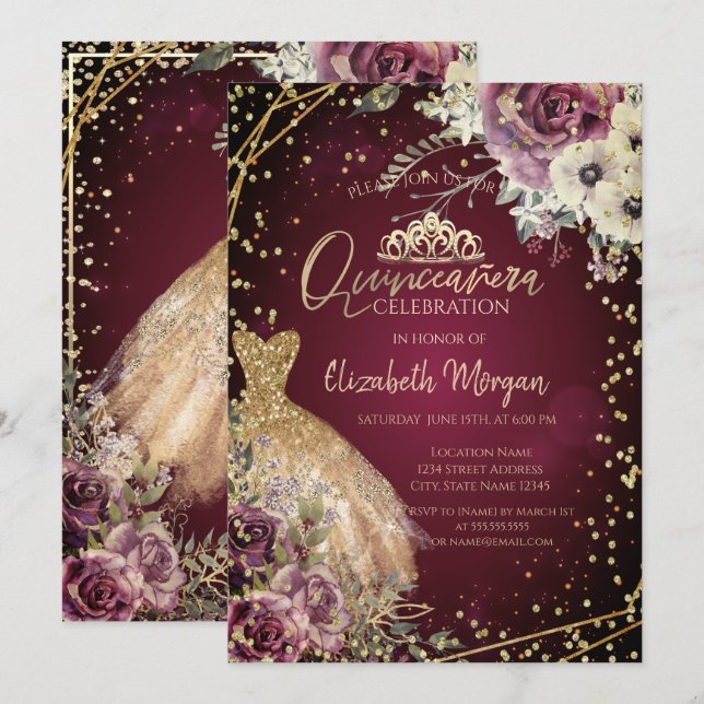 Gold Dress Tiara,Floral Burgundy Quinceañera  Invitation (Front/Back)