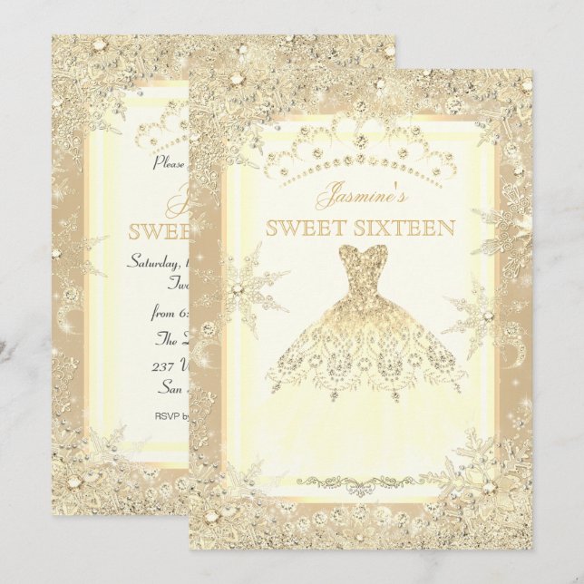 Gold Dress Tiara Winter Wonderland Sweet 16 Party Invitation (Front/Back)