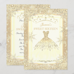 Gold Dress Tiara Winter Wonderland Sweet 16 Party Invitation