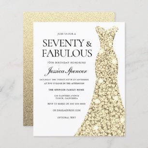 Gold Dress Womans 70th Birthday Budget Invite