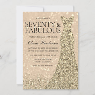 Gold Dress Womans 70th Birthday Party Sparkle Invitation