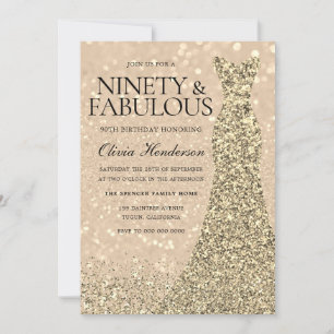Gold Dress Womans 90th Birthday Party Sparkle  Invitation