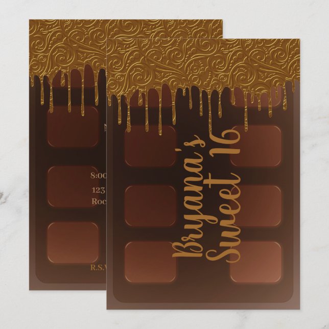 Gold Drip Chocolate Candy Bar Sweet 16 Party Invitation (Front/Back)