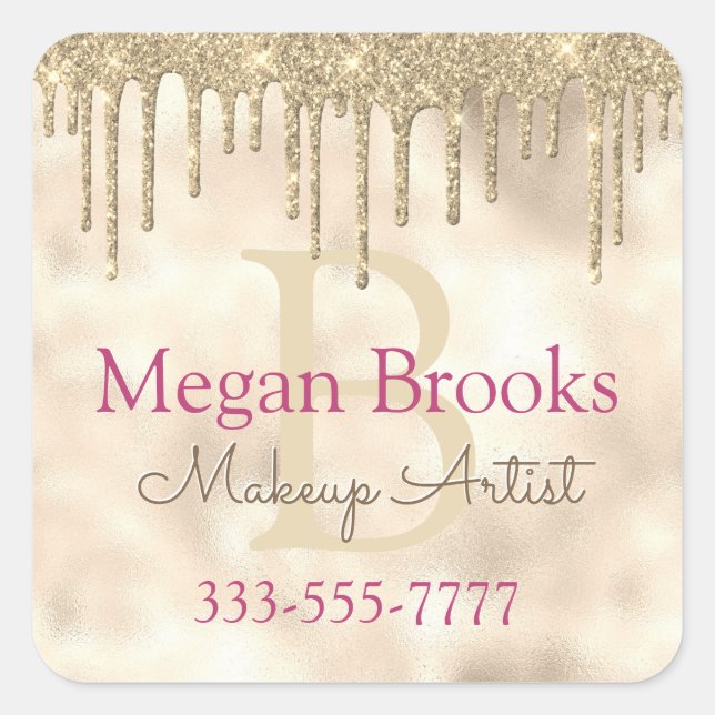 Gold Drip Glitter, DIY Name Monogram & Occupation Square Sticker (Front)
