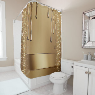 Gold Dripping Background With Glitter Borders Shower Curtain
