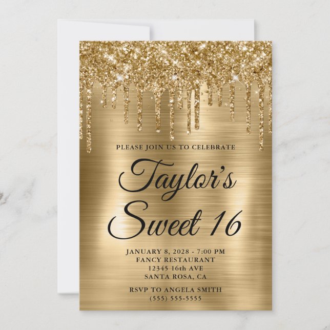 Gold Dripping Glitter and Foil Sweet 16 Invitation (Front)
