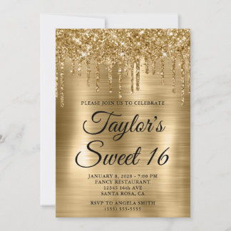 Gold Dripping Glitter and Foil Sweet 16 Invitation