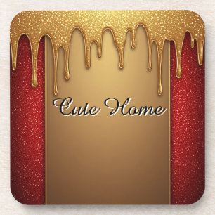 Gold Dripping Glitter Frame On Red Sparkle Backgro Coaster