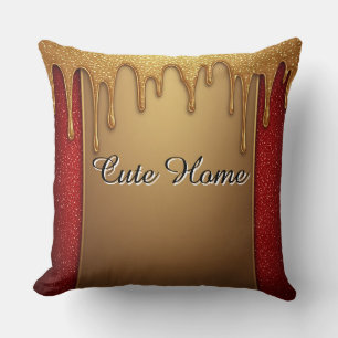 Gold Dripping Glitter Frame On Red Sparkle Backgro Cushion