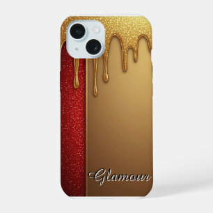 Gold Dripping Glitter Frame On Red Sparkle Backgro iPhone 15 Case