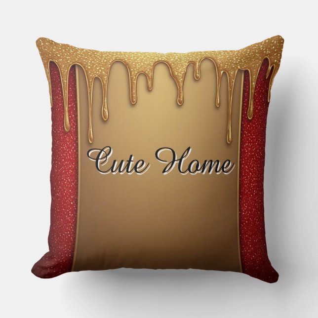 Gold Dripping Glitter Gift On Red Sparkle Backgro Cushion (Front)
