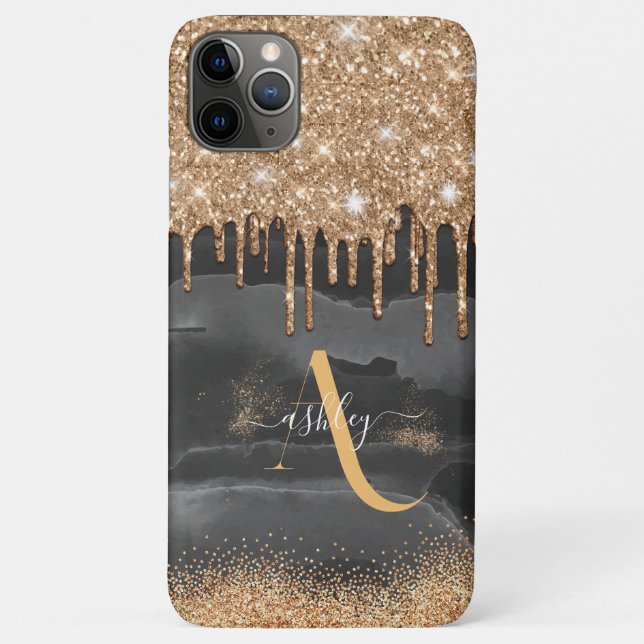 Gold Dripping Glitter Monogram Custom Metallic Case-Mate iPhone Case (Back)